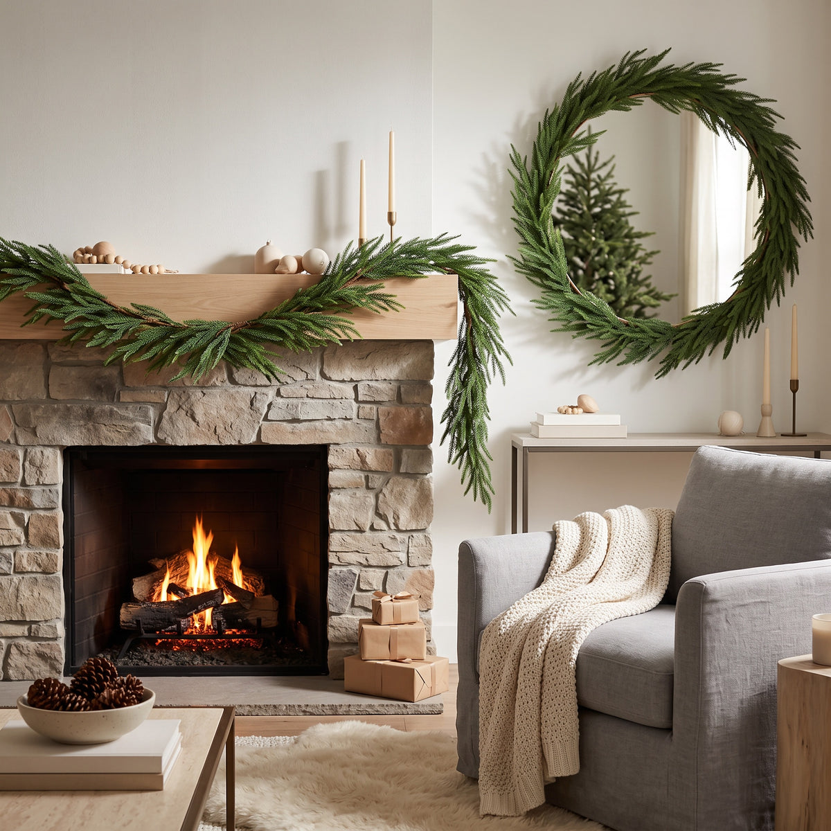 Faux Garland | Artificial & Synthetic Realistic Norfolk Pine Green | Indoor / Outdoor Xmas & Fall Decorations | For Front Door, Home, Living Room, Restaurant & Event Decor