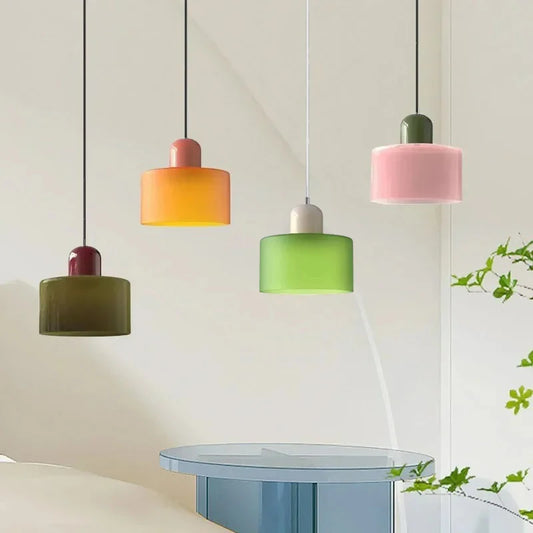 Colored Glass Pendant Light | Retro Two-Tone Hanging Lamp for Kitchen Island & Dining Room | Vintage E27 Ceiling Light in Green, Pink & Orange