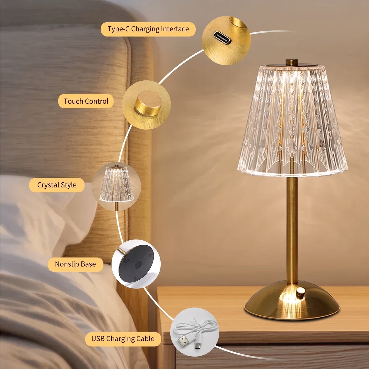 Crystal Table Lamp | LED Touch Sensor Night Light for Bedroom