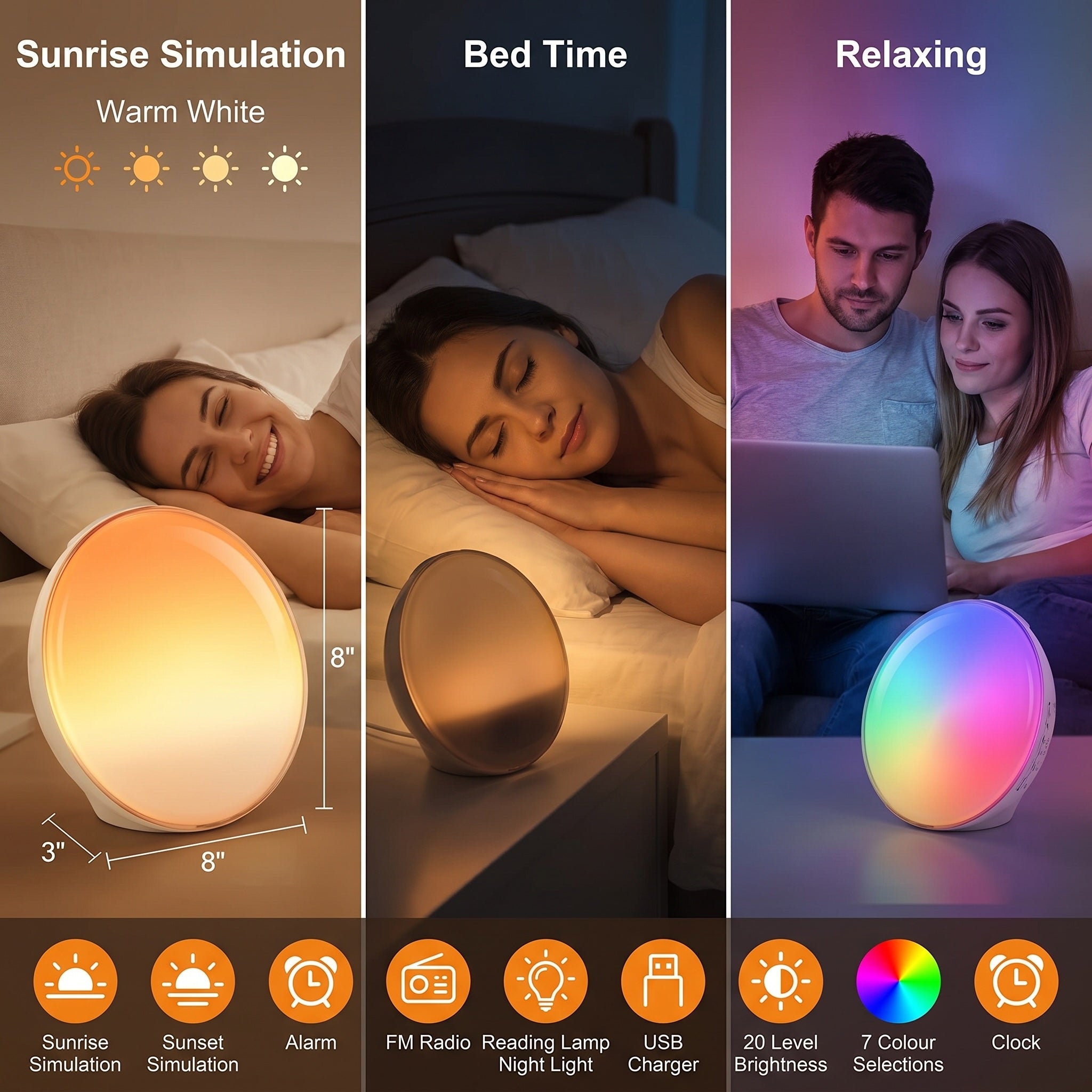 Sunrise Alarm Clock | Wake-Up Light with Dual Alarm, FM Radio & 7-Color LED Night Light for Bedroom & Nightstand