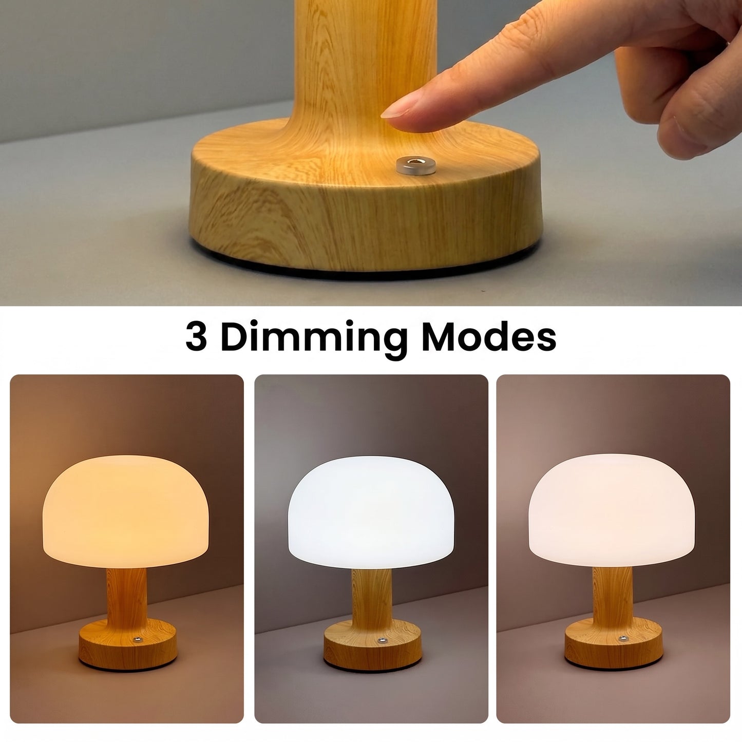 Bedside Table Lamp | Wood-Grain LED Touch Lamp, Rechargeable & Dimmable
