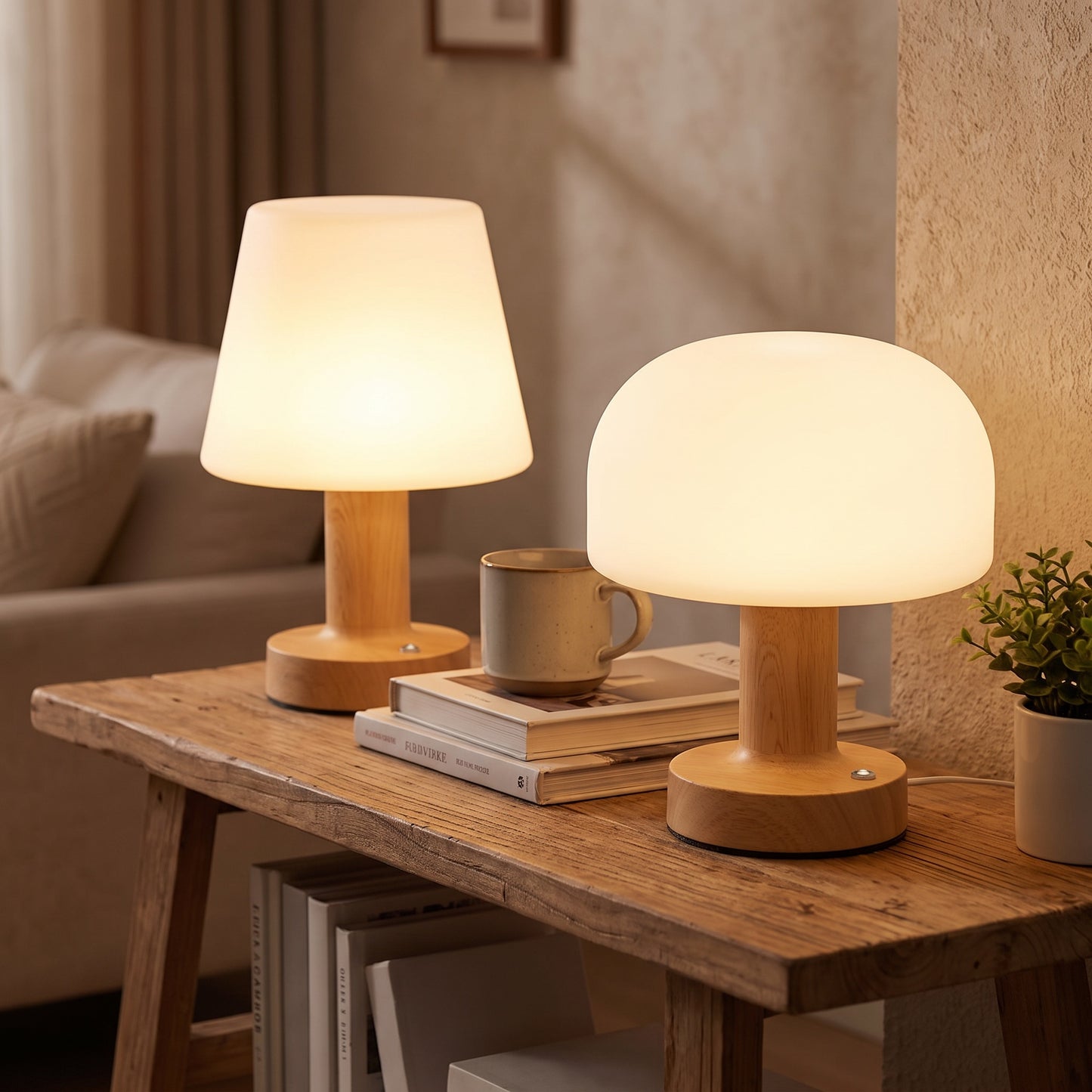 Bedside Table Lamp | Wood-Grain LED Touch Lamp, Rechargeable & Dimmable