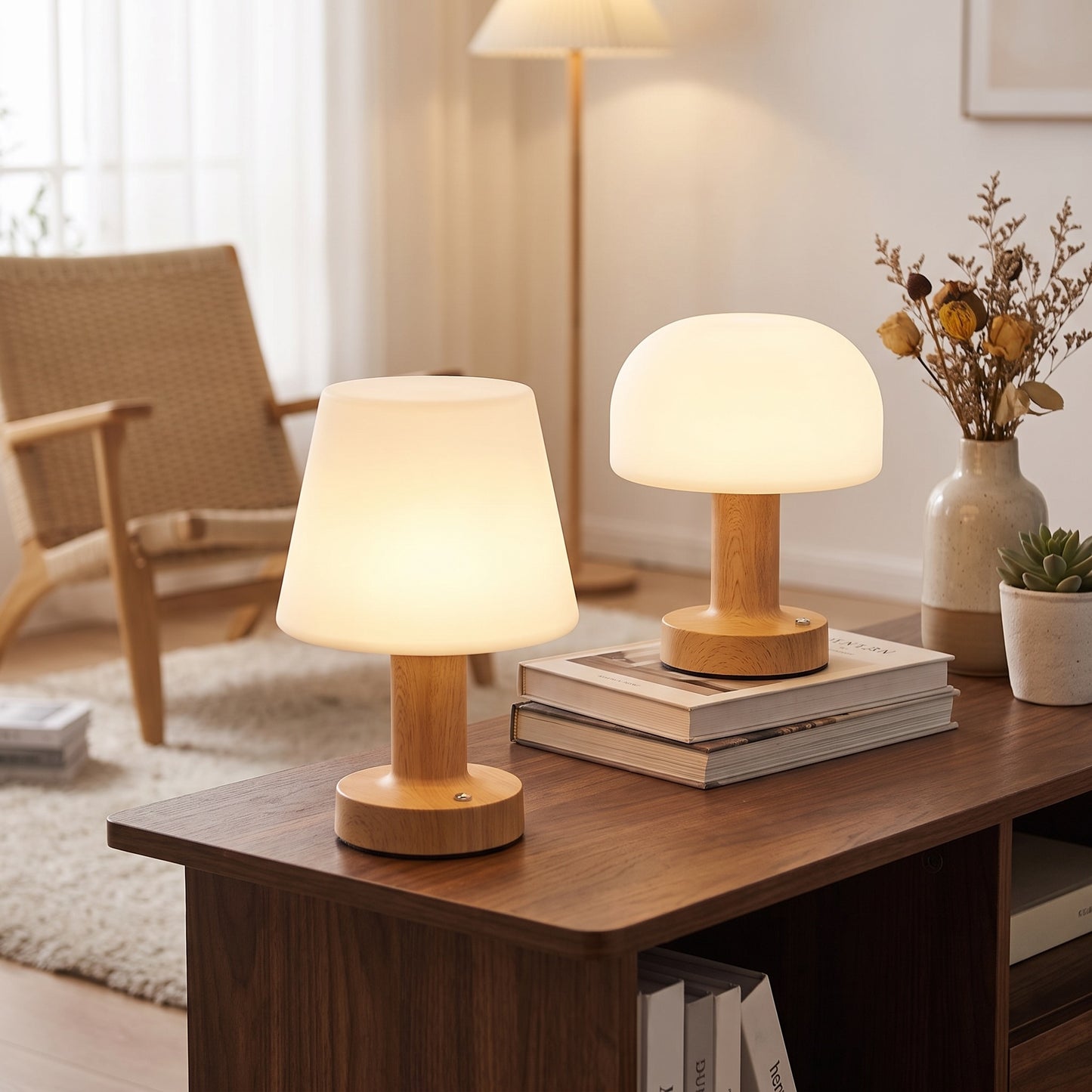 Bedside Table Lamp | Wood-Grain LED Touch Lamp, Rechargeable & Dimmable