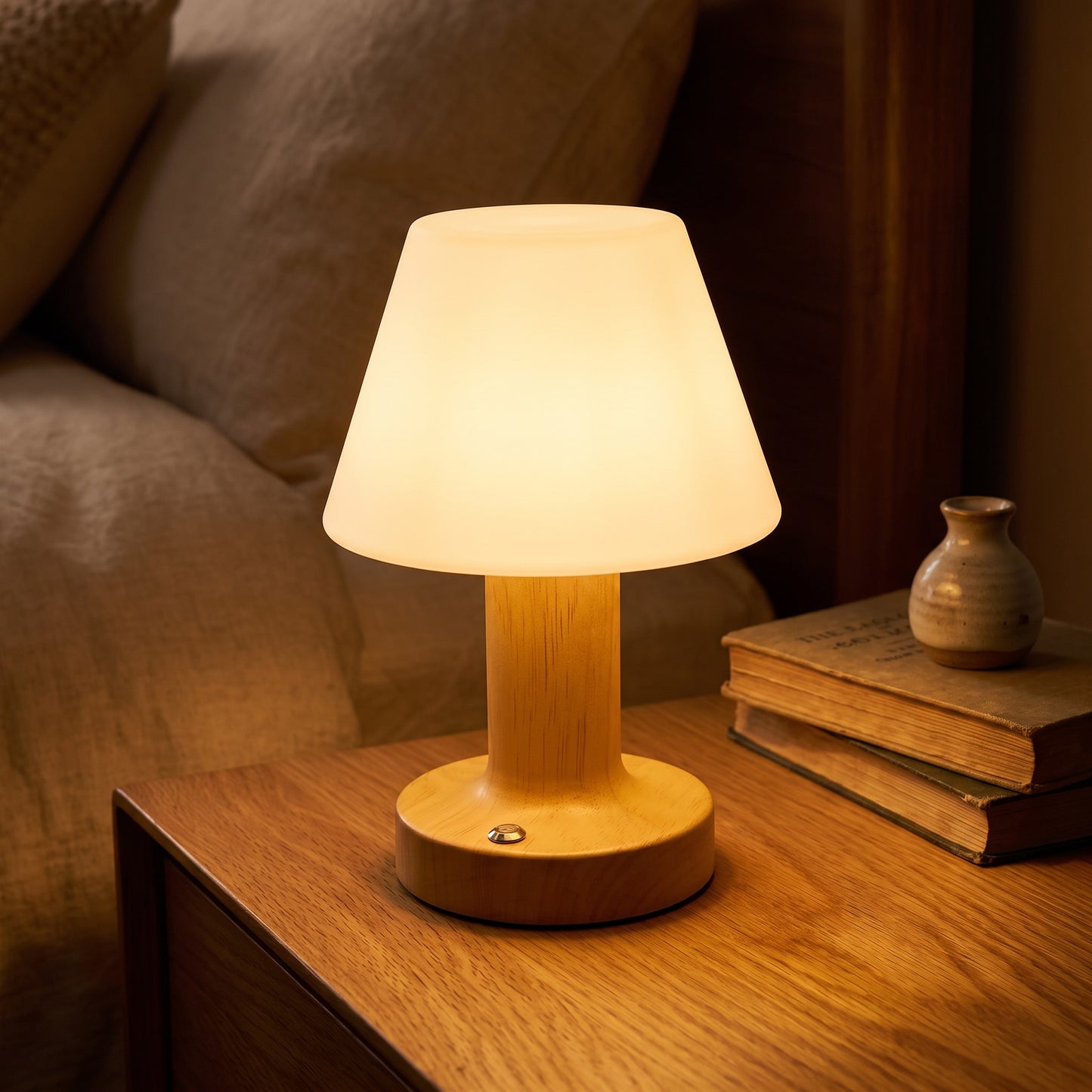 Bedside Table Lamp | Wood-Grain LED Touch Lamp, Rechargeable & Dimmable
