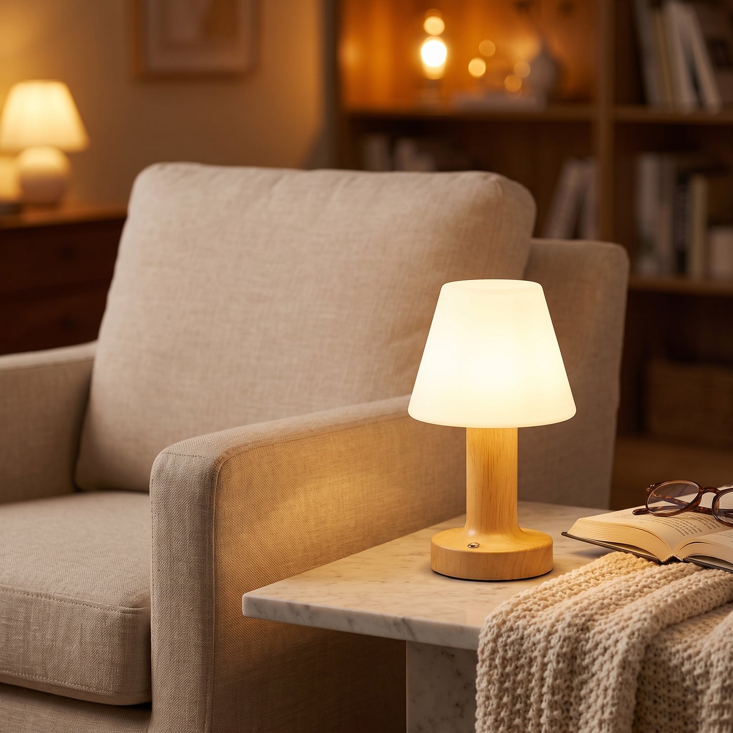 Bedside Table Lamp | Wood-Grain LED Touch Lamp, Rechargeable & Dimmable