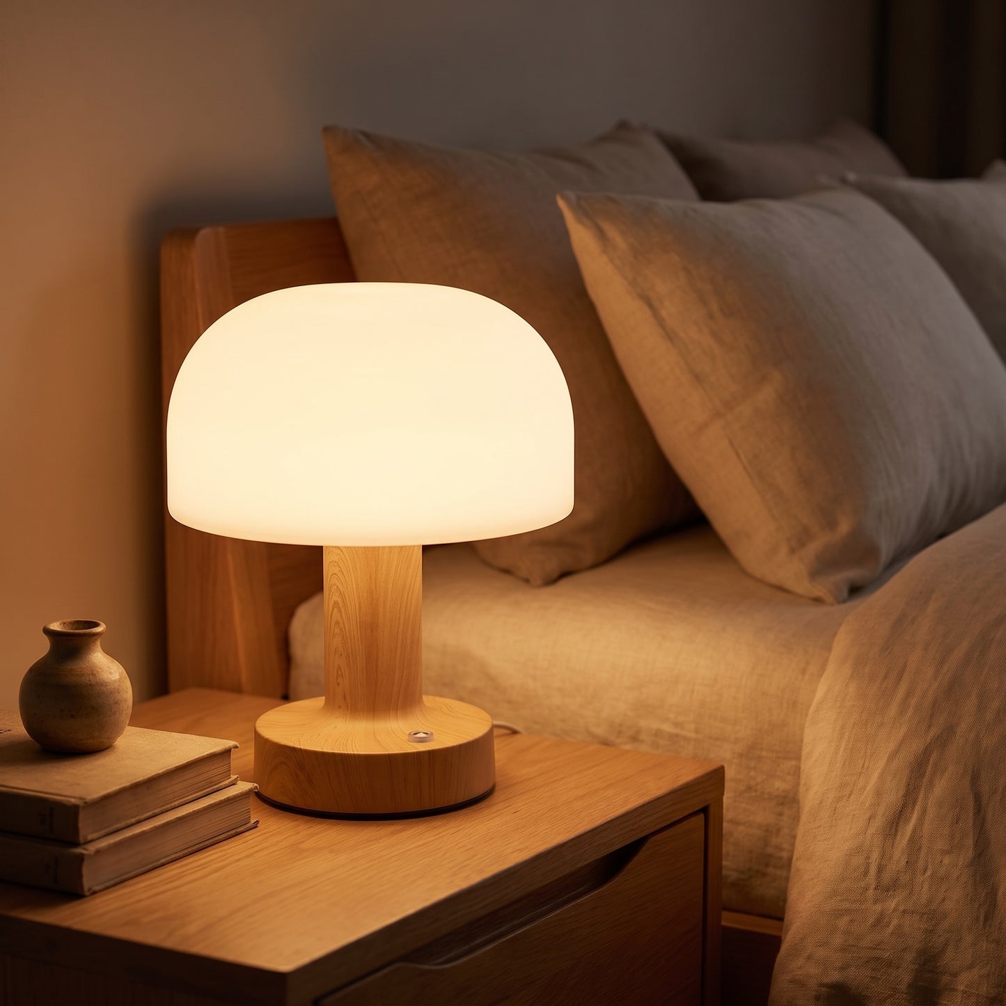Bedside Table Lamp | Wood-Grain LED Touch Lamp, Rechargeable & Dimmable