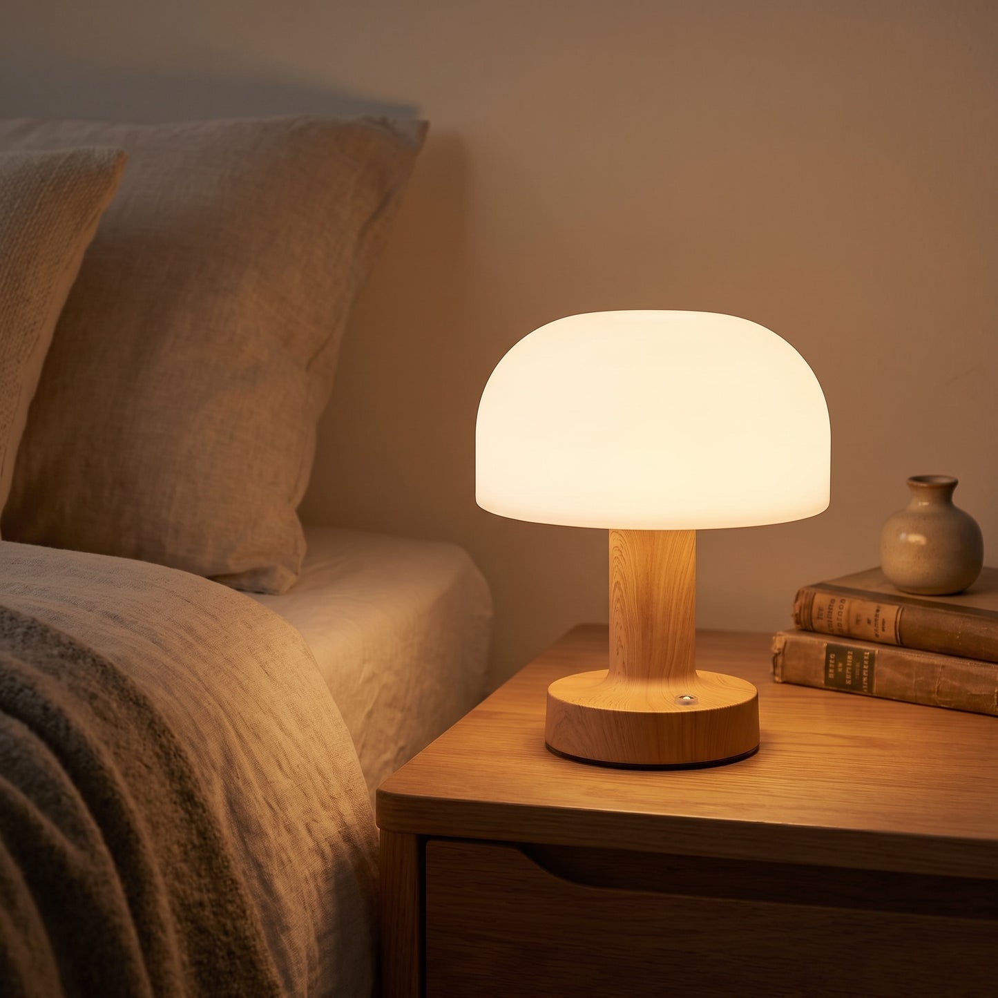 Bedside Table Lamp | Wood-Grain LED Touch Lamp, Rechargeable & Dimmable
