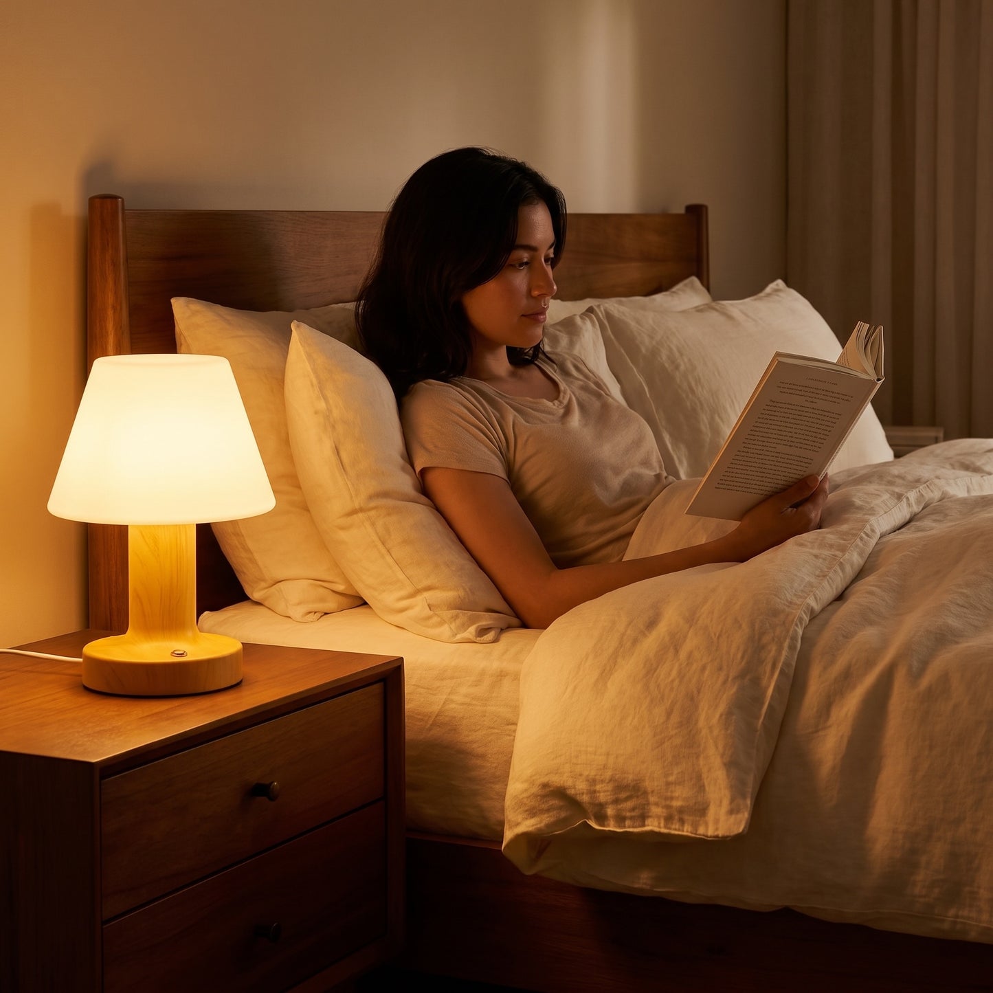 Bedside Table Lamp | Wood-Grain LED Touch Lamp, Rechargeable & Dimmable