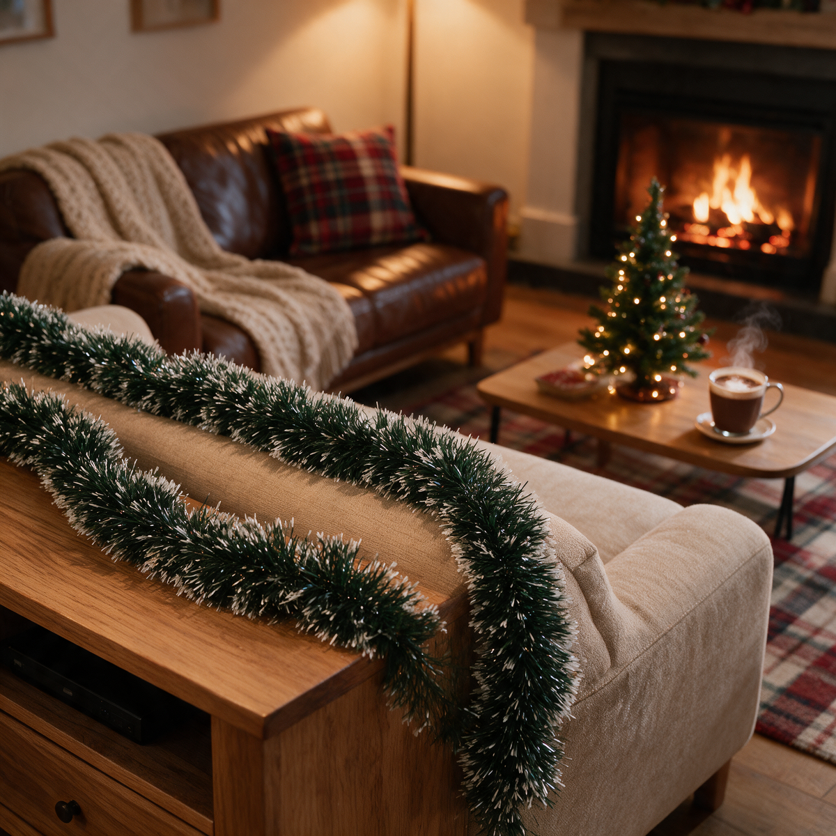 Christmas Garland | Indoor Xmas Decorations | For Home, Living Room, Bedroom, Restaurant & Events | Dark Pine Green & Snow White Tips