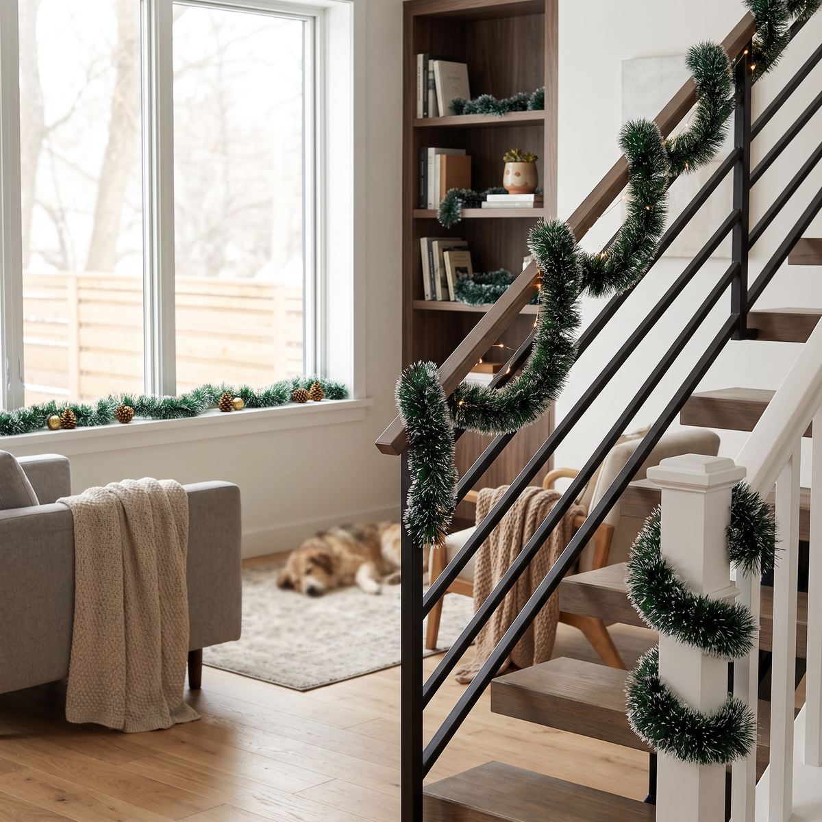 Christmas Garland | Indoor Xmas Decorations | For Home, Living Room, Bedroom, Restaurant & Events | Dark Pine Green & Snow White Tips