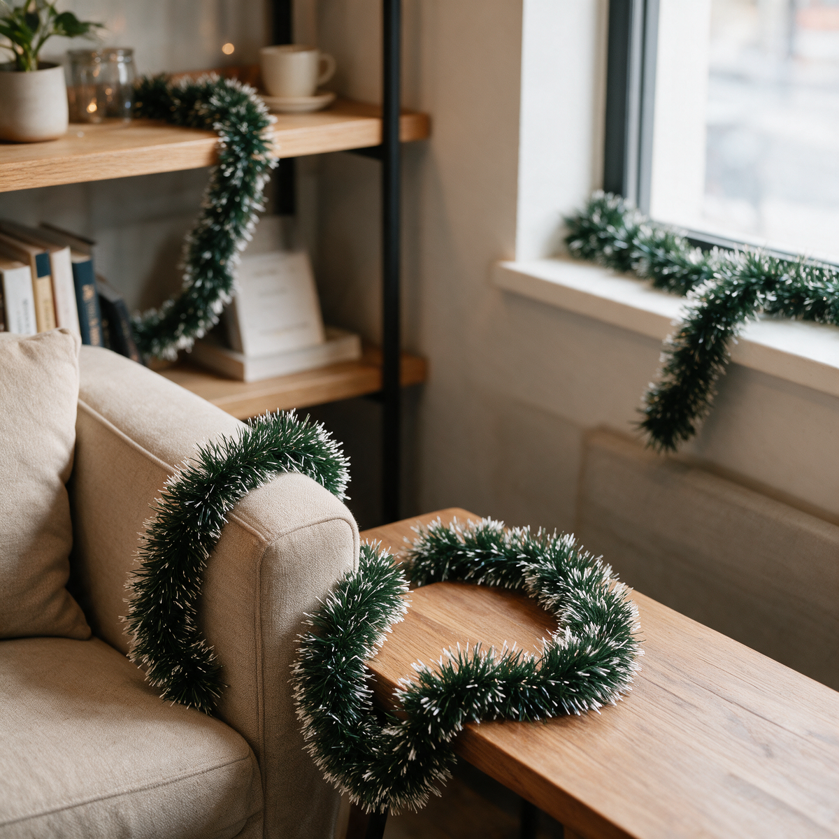 Christmas Garland | Indoor Xmas Decorations | For Home, Living Room, Bedroom, Restaurant & Events | Dark Pine Green & Snow White Tips