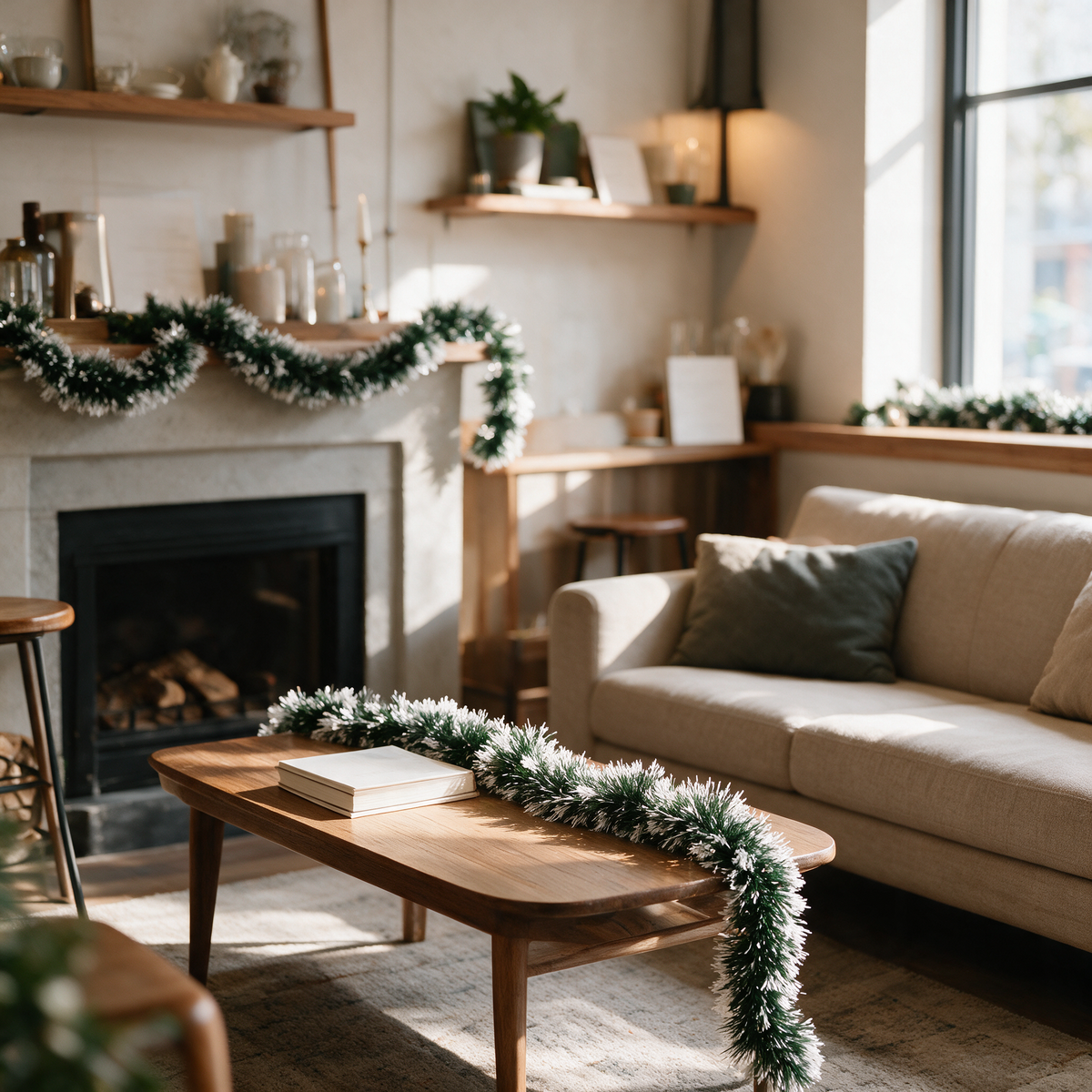 Christmas Garland | Indoor Xmas Decorations | For Home, Living Room, Bedroom, Restaurant & Events | Dark Pine Green & Snow White Tips