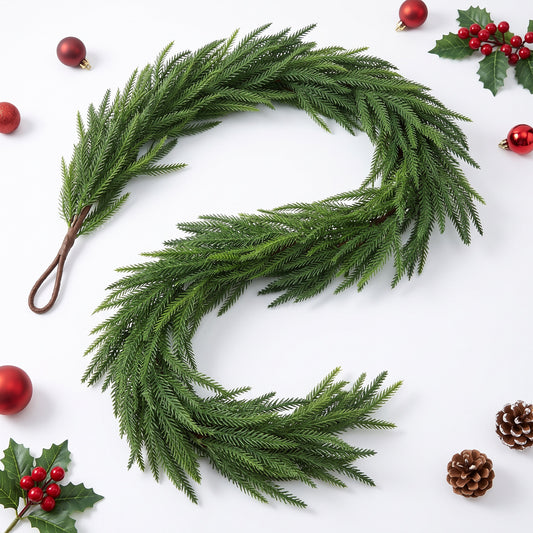 Faux Garland | Artificial & Synthetic Realistic Norfolk Pine Green | Indoor / Outdoor Xmas & Fall Decorations | For Front Door, Home, Living Room, Restaurant & Event Decor