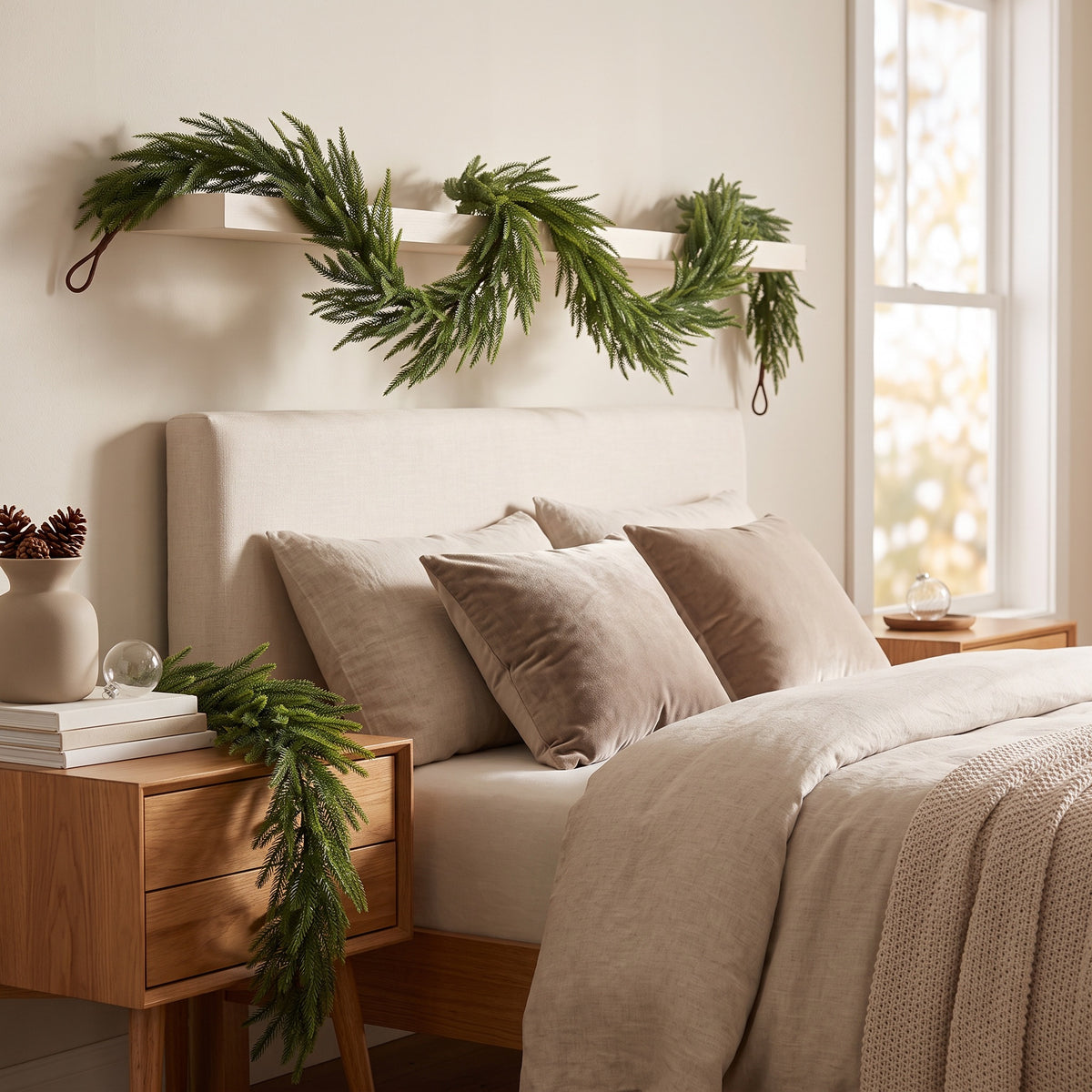 Faux Garland | Artificial & Synthetic Realistic Norfolk Pine Green | Indoor / Outdoor Xmas & Fall Decorations | For Front Door, Home, Living Room, Restaurant & Event Decor