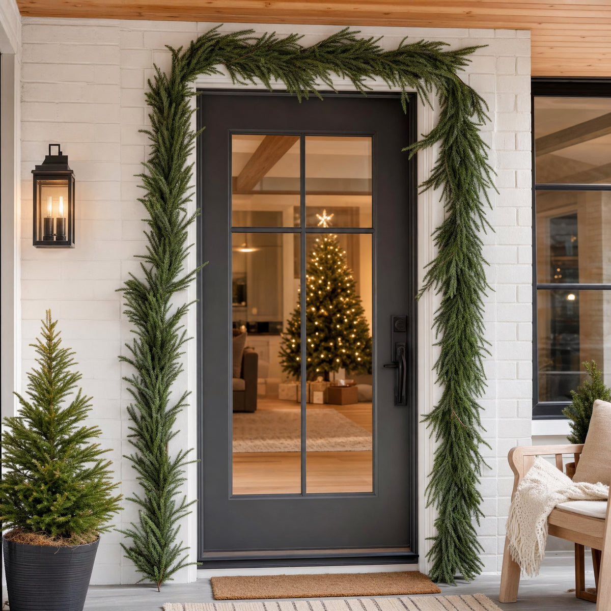 Faux Garland | Artificial & Synthetic Realistic Norfolk Pine Green | Indoor / Outdoor Xmas & Fall Decorations | For Front Door, Home, Living Room, Restaurant & Event Decor