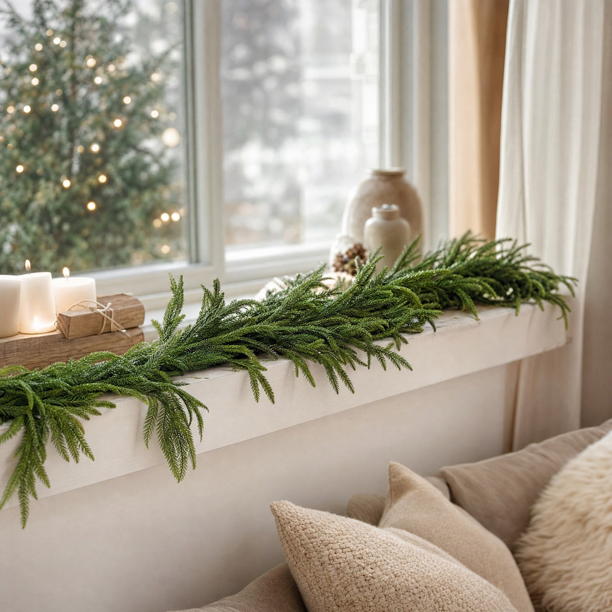 Faux Garland | Artificial & Synthetic Realistic Norfolk Pine Green | Indoor / Outdoor Xmas & Fall Decorations | For Front Door, Home, Living Room, Restaurant & Event Decor