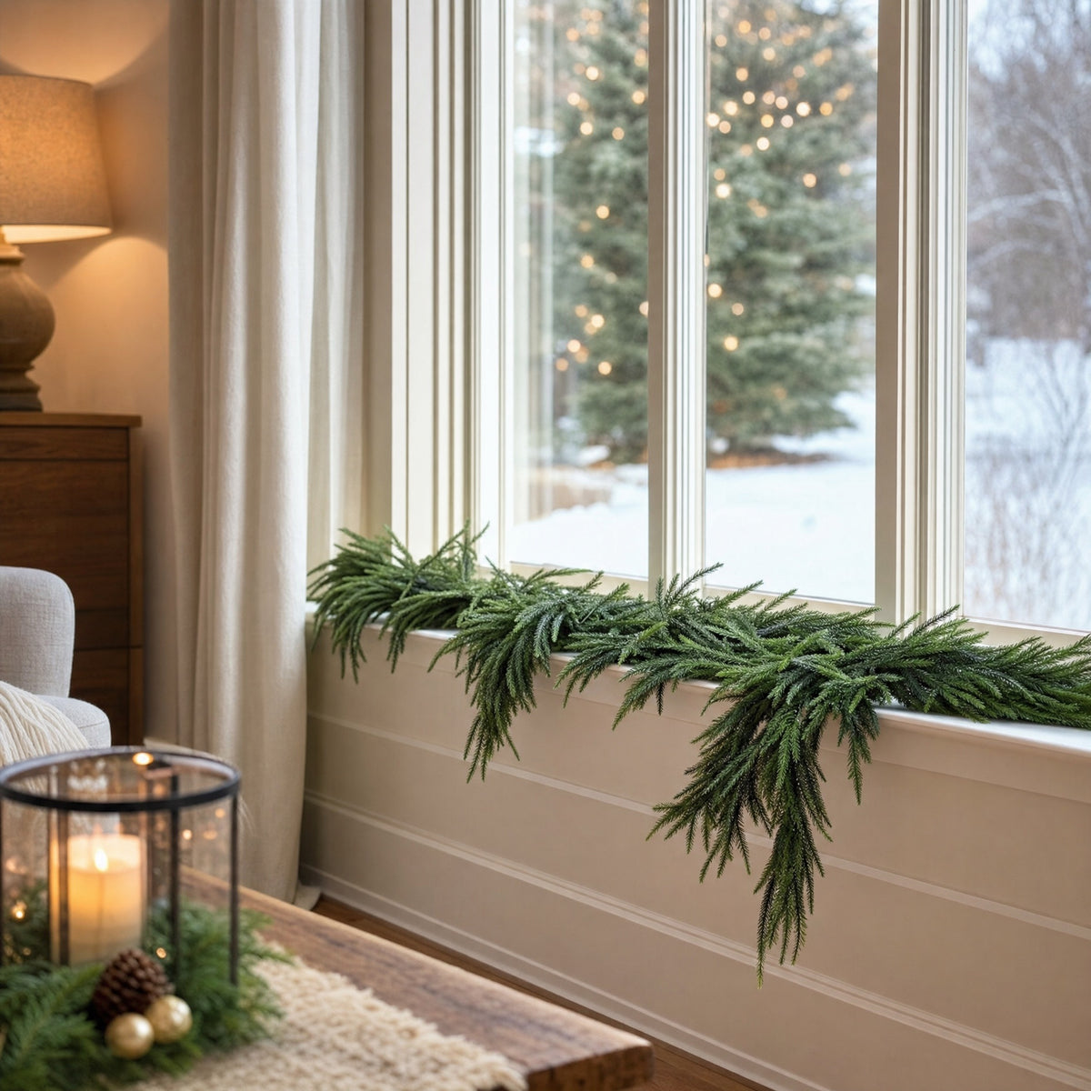 Faux Garland | Artificial & Synthetic Realistic Norfolk Pine Green | Indoor / Outdoor Xmas & Fall Decorations | For Front Door, Home, Living Room, Restaurant & Event Decor