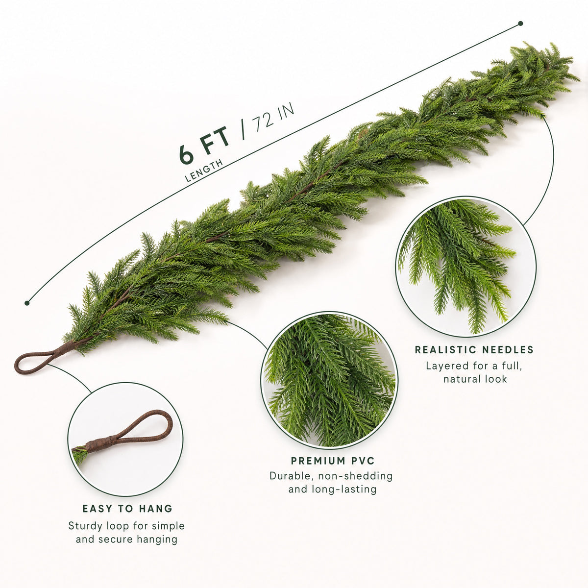 Faux Garland | Artificial & Synthetic Realistic Norfolk Pine Green | Indoor / Outdoor Xmas & Fall Decorations | For Front Door, Home, Living Room, Restaurant & Event Decor